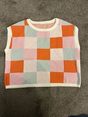 Checkerboard Knit Vest - Orange, Pink, Light Blue, Cream
